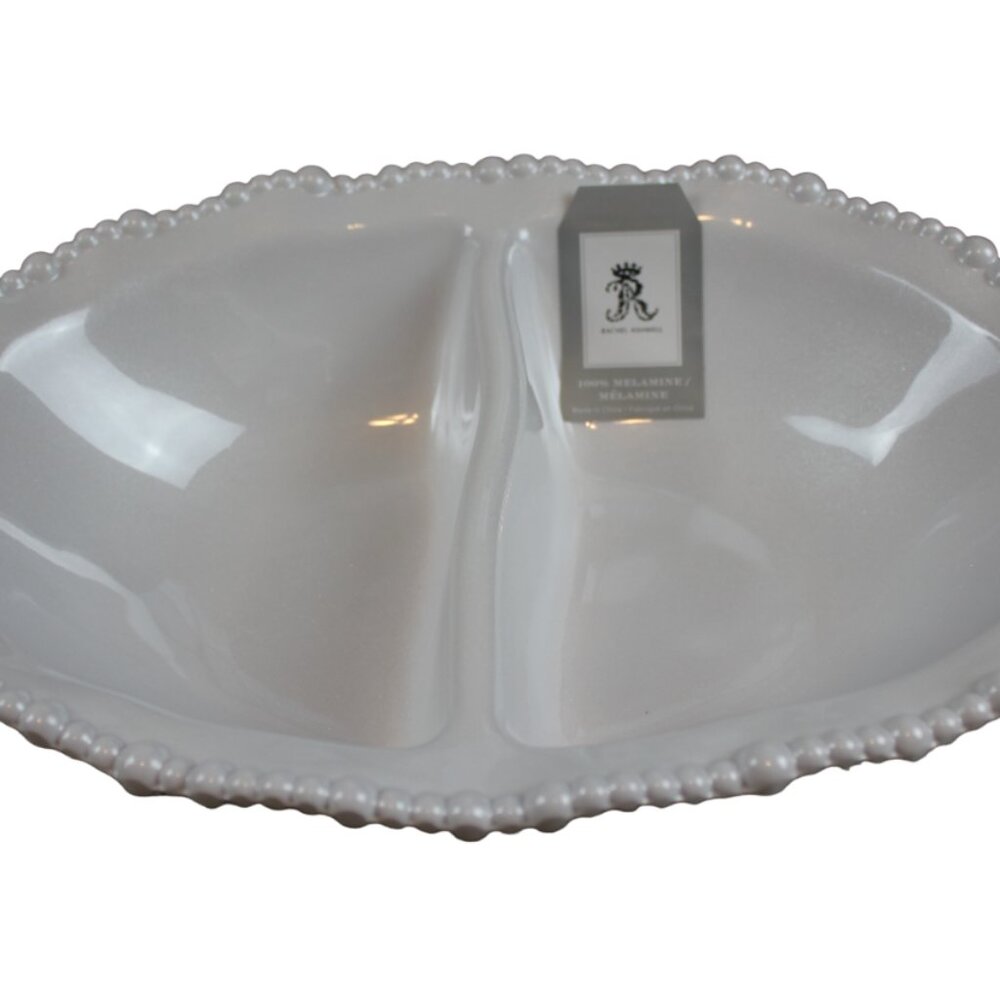 Rachel Ashwell White Shimmer Pearl Edge Melamine Oval Serving Divided Bowl NWT